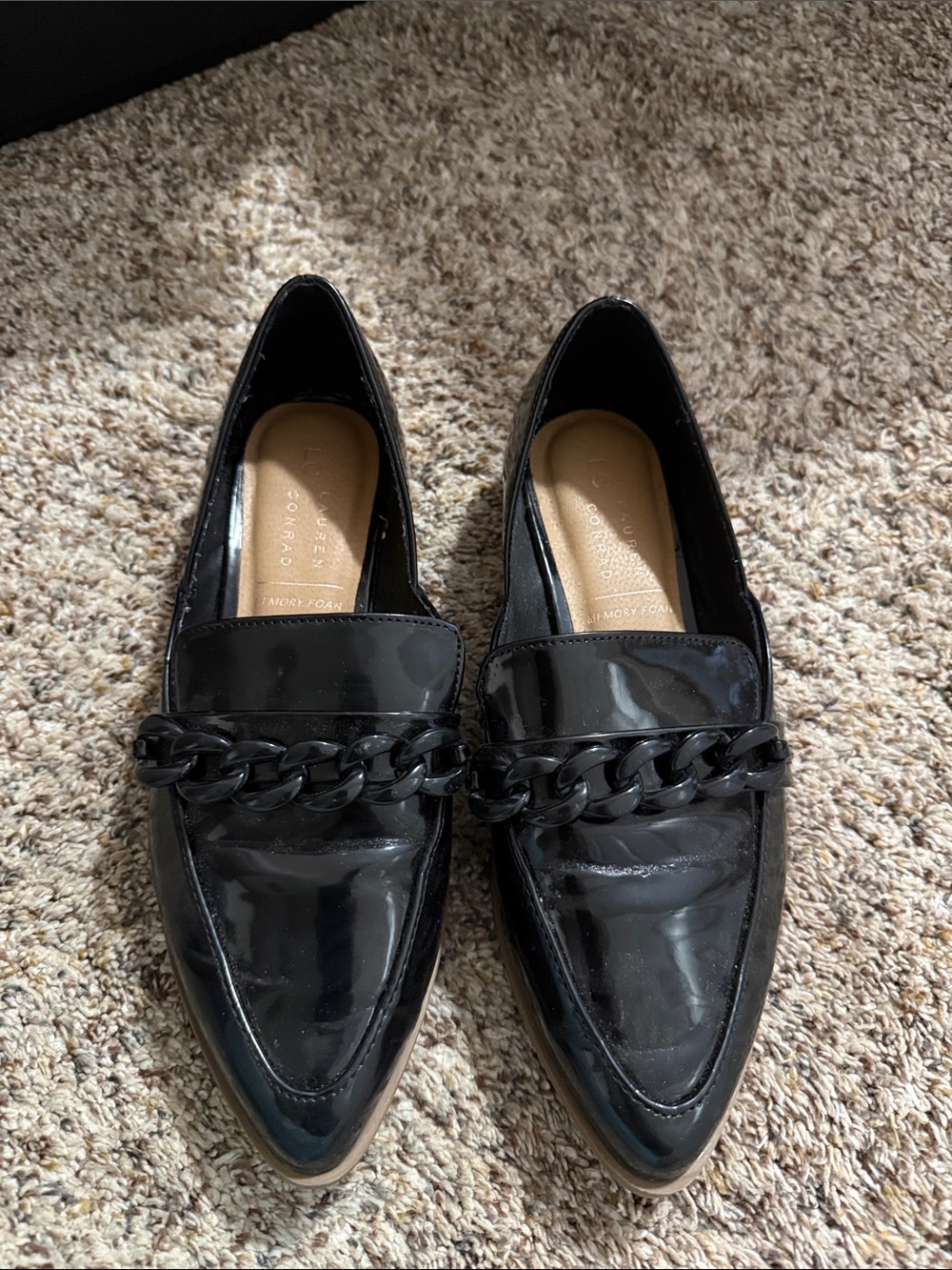 LC Lauren Conrad Black Patent Chain-Trim Pointed Loafers